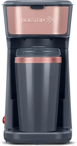 Vista 23 de Holstein Housewares Cafetera personal con taza de viaje de 14 onzas, máquina compacta de un solo toque con filtro reutilizable, apagado automático