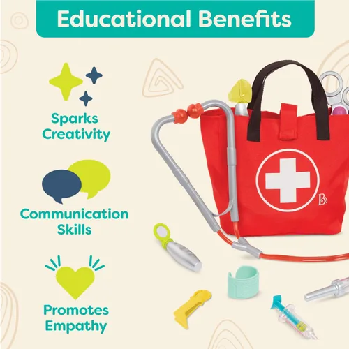 Vista 4 de B. toys Mini kit de cuidado médico con herramientas realistas para niños pequeños y niños - Juguetes educativos para juegos de rol y juego