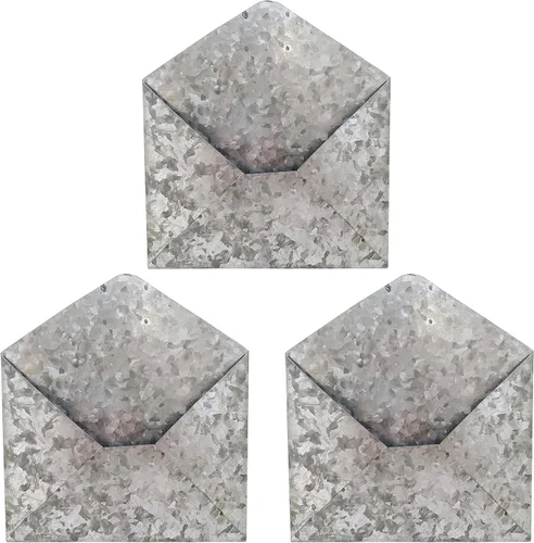 Vista 9 de Archivo de pared de metal galvanizado con forma de sobre para colgar – Decoración funcional de temática rústica para el hogar y la oficina, sostiene