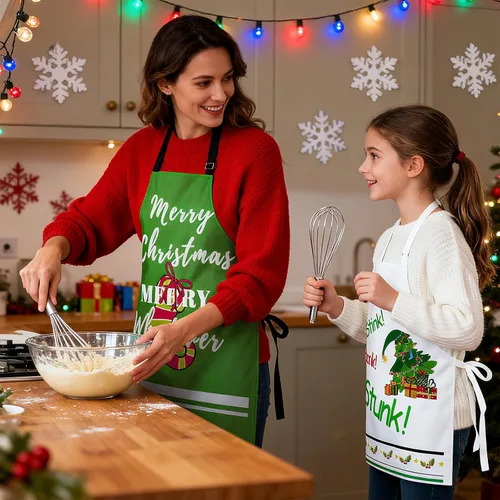 Vista 6 de Juego de 4 delantales de Navidad – Delantales ajustables con árbol de Navidad, medias, muñeco de nieve para la familia, decoración festiva de cocina