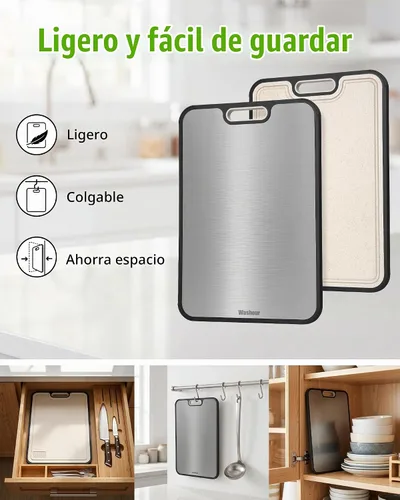 Vista 3 de Tabla de cortar de titanio no tóxica para cocina, tablas de cortar de titanio de grado alimenticio 2 en 1 de doble cara, alfombrilla de corte