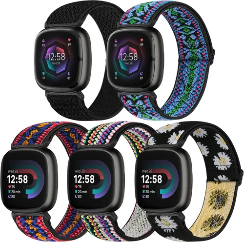 Vista 10 de Bcuckood Compatible con Fitbit Versa 4/Versa 3/Sense 2/Sense Band para mujeres y hombres, paquete de 5 correas de nailon elástico suave ajustable