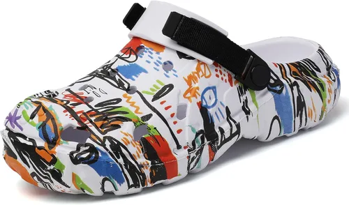 Vista 9 de SECHRITE Zuecos de jardín para hombre y mujer, zapatos de jardín con graffiti, sandalias deportivas unisex para adultos, atléticas, de verano, al