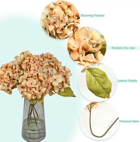 Vista 7 de TOPIA Flores de otoño de seda, hortensias secas artificiales, ramo de otoño, flores secas falsas para decoración del hogar (6 unidades)
