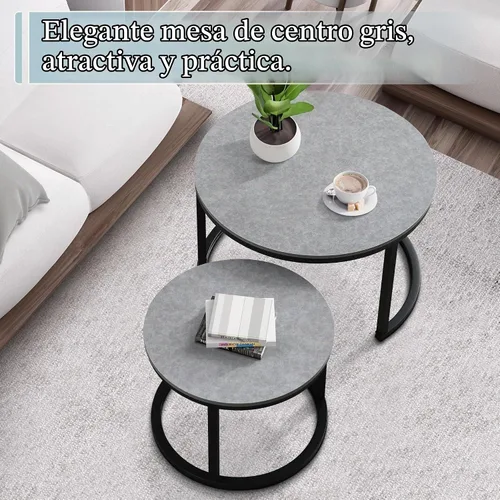 Vista 3 de Juego de 2 mesas auxiliares redondas para sala de estar, mesa central elegante con mesa de grano de madera, mesas auxiliares pequeñas