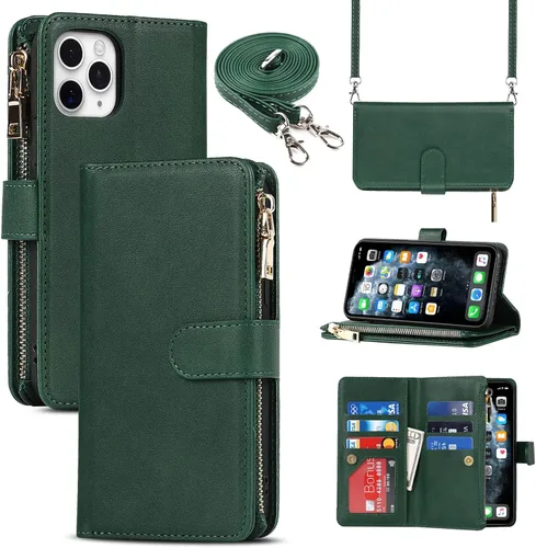 Vista 10 de Funda cruzada para iPhone 11 Pro Max con correa, 6.5 pulgadas, color negro for Women Men,Credit Card Holder,9 Card Slots,Purse,Long Shoulder