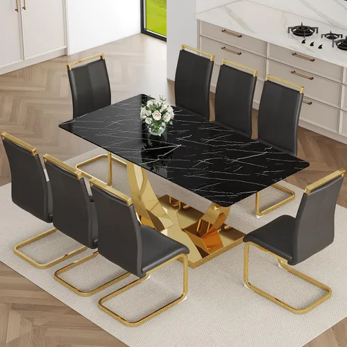 Vista 34 de Juego de Mesa de Comedor Negra para 6, Mesa de Comedor de Mármol Falso de 71" para 6, Juego de Mesa de Cocina Rectangular con Sillas de Cuero PU