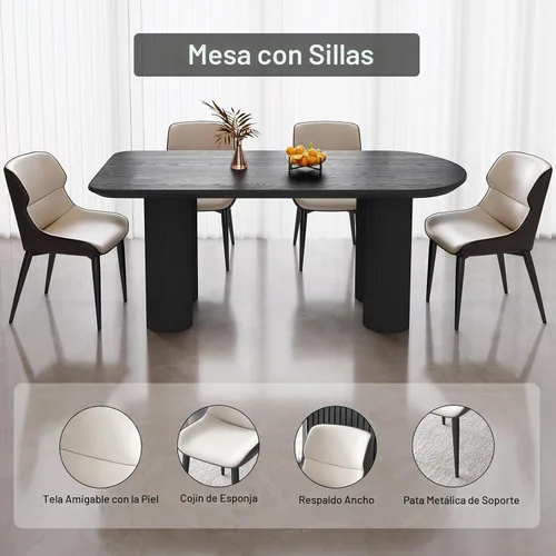 Vista 4 de Mesa de comedor negra de 63 pulgadas, una mesa rectangular de extremo redondeado con patas de diseño ondulado para cocina, comedor, oficina en casa