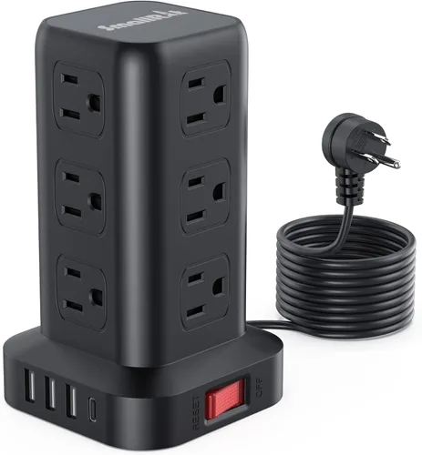 Vista 18 de SMALLRT - Cable de extensión con múltiples tomas, torre de regleta de alimentación con protector de sobretensiones, extensor de salida con 12