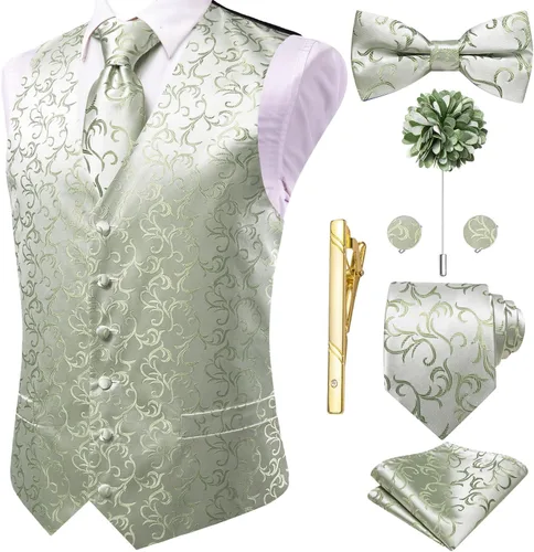 Vista 47 de Hi-Tie Chaleco de traje de seda para hombre, corbata y corbatín de solapa, clip de corbata dorado, chaleco floral de cachemira, 8 piezas, conjunto