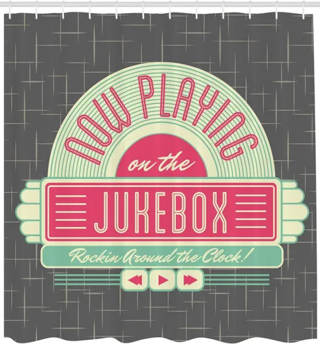 Vista 2 de Ambesonne Jukebox - Cortina de ducha, fondo gris carbón inspirado en los años 50, imagen de caja de música de radio, juego de decoración de baño