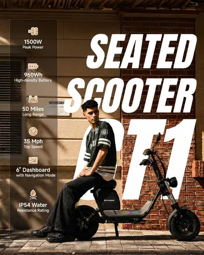 Vista 3 de ECOROAD CT1 Peak 1500W Scooter eléctrico con asiento, batería LFP 720Wh Verde