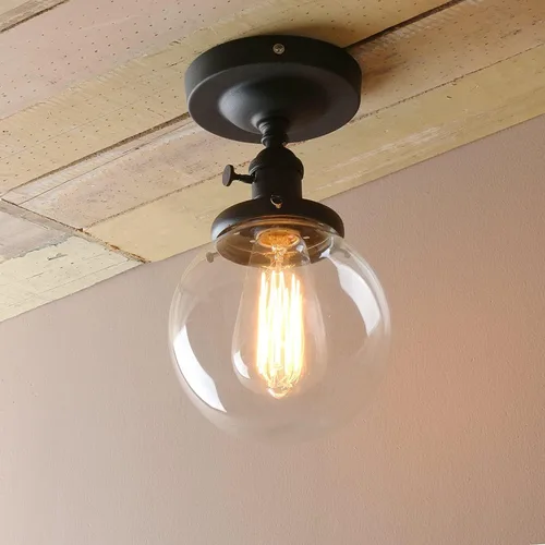 Vista 7 de lámpara de techo estilo industrial antiguo de 5.9 pulgadas con panel de montaje con bola de cristal transparente, negro, 60.00watts, 120.00 volts
