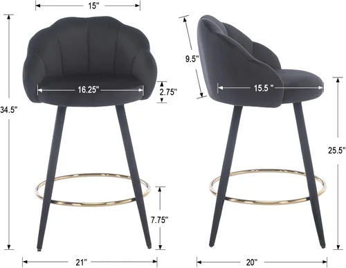 Vista 2 de Juego de 2 taburetes de bar de 25.5 pulgadas de altura de mostrador modernos con respaldo, cómodas sillas de bar de terciopelo para isla de cocina