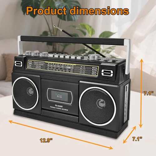 Vista 8 de Reproductor de casete Boombox con Bluetooth, radio AM/FM/SW y grabación a USB, sonido estéreo de 24 W, 4 modos de alimentación, estéreo retro