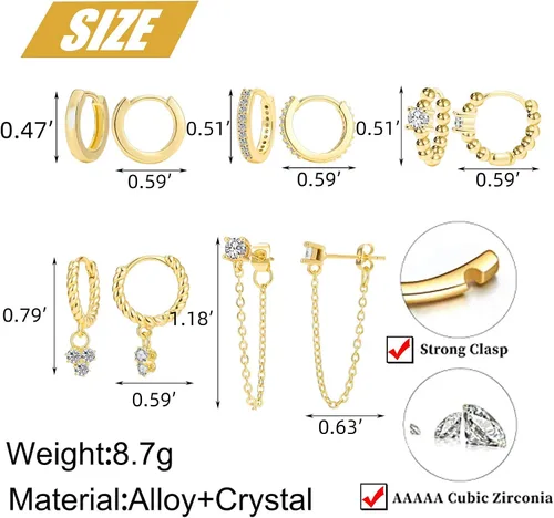 Vista 6 de Juego de 5 pares de aretes de aro dorados o plateados para mujeres y niñas, pequeños colgantes de circonia cúbica, joyas para regalo