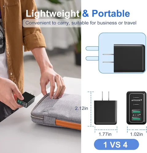 Vista 7 de Costyle - Cargador de pared USB C multipuerto, bloque de carga rápida de 40 W, 4 puertos, doble PD y QC, enchufe de pared doble tipo C, caja