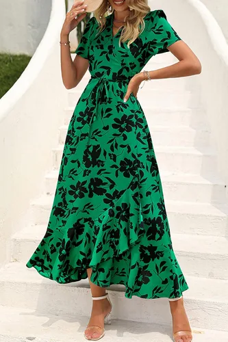 Vista 3 de PRETTYGARDEN - Vestido largo de verano cruzado para mujer, con cuello en V, estilo bohemio, floral, manga corta, dobladillo con volantes