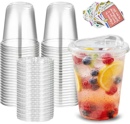 Vista 9 de 50 juegos de vasos de plástico transparente con tapas para sorber sin pajilla, vasos desechables de fondo redondo de 12 onzas para café helado