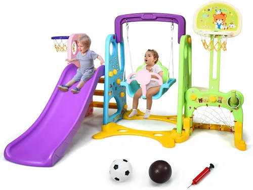 Vista 9 de Costzon - Juego de tobogán y columpio 6 en 1 para niños pequeños, juego de escalador grande con aro de baloncesto, portería de fútbol y hoyo