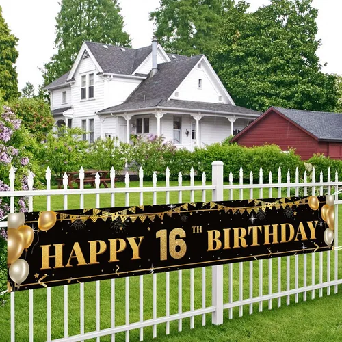 Vista 5 de Cartel grande de decoración de cumpleaños número 16, cartel de feliz cumpleaños número 16 negro y dorado, suministros de decoración de fiesta
