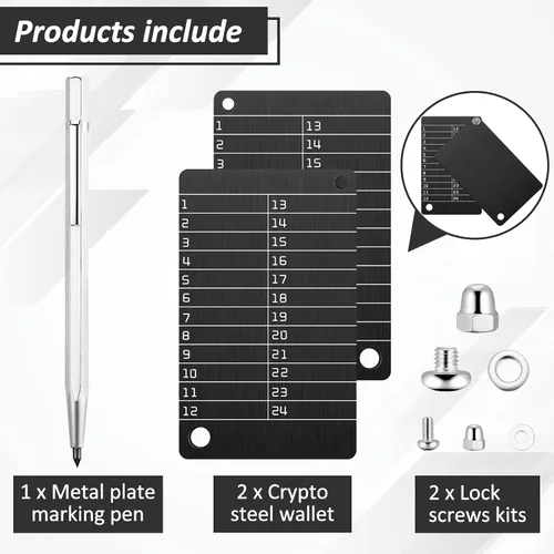Vista 4 de Hotop 2 carteras criptográficas y 1 bolígrafo de marcado de placa de metal, carteras de criptomonedas para hardware, copias de seguridad en frío