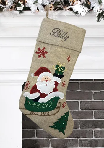 Vista 4 de Calcetín de Navidad personalizado, reno, Papá Noel, trineo de Papá Noel, diseño moderno, nombre bordado, grande de 18.5 pulgadas, color beige