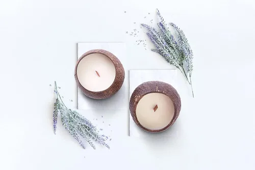Vista 6 de Vela perfumada de cáscara de coco de soja, vela perfumada con mecha de madera, hecha con cáscaras de coco reales (lima de coco)