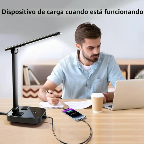 Vista 2 de Yostyle Lámpara de escritorio LED con 4 puertos de carga USB y 2 salidas de CA, estación de tira de alimentación con cable de extensión de 5 pies