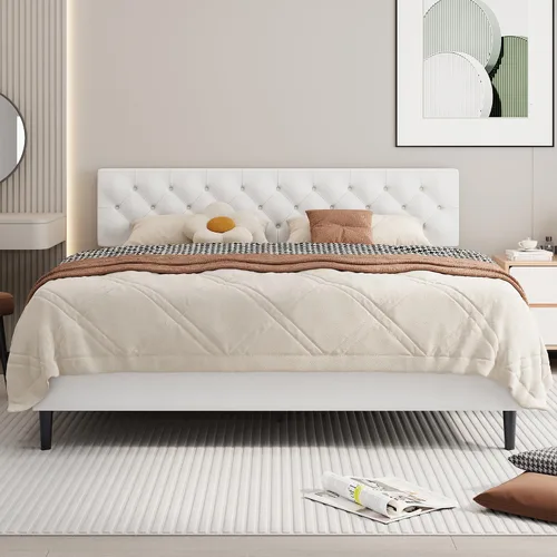 Vista 23 de BarnFurin Marco de cama tamaño completo con cabecero, cama de plataforma tapizada con cabecera acolchada con botones ajustables, marco de cama