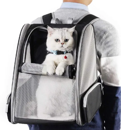 Vista 5 de Texsens - Mochila para transporte de mascotas, con un innovador sistema de burbuja, ideal como transportín para gatos y perros (negro)