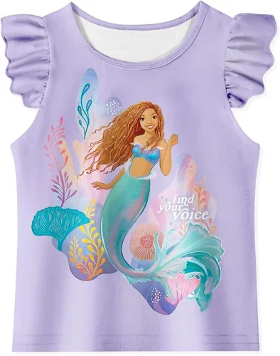 Vista 2 de QASALOP Conjunto de camisa y pantalones cortos de sirena para niñas pequeñas 2023 Encuentra tu voz camiseta traje de animación para niños personaje