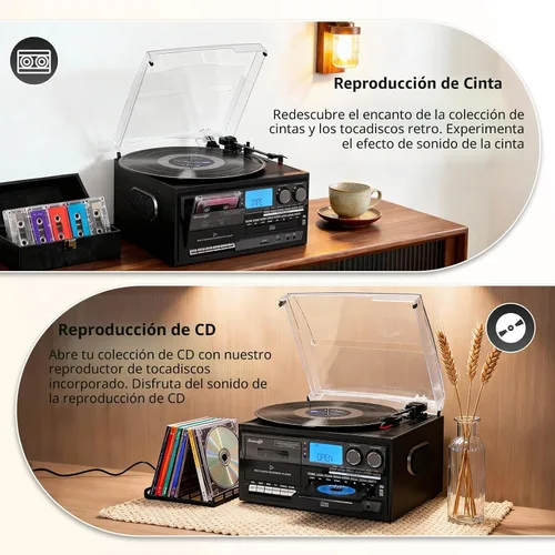 Vista 6 de Seasonlife® Tocadiscos de vinilo 10 en 1, tocadiscos vintage, madera retro Madera negra