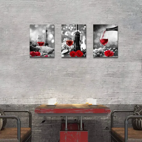 Vista 7 de Decoración de vino para cocina, arte en lienzo con rosas de vino tinto, arte para paredes del hogar, blanco y negro, con pintura de vino tinto, arte