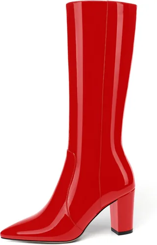 Vista 58 de AMBELIGHT Botas altas hasta la rodilla con cremallera y puntera puntiaguda para mujer, de patente sólida, tacón alto, 3.3 pulgadas