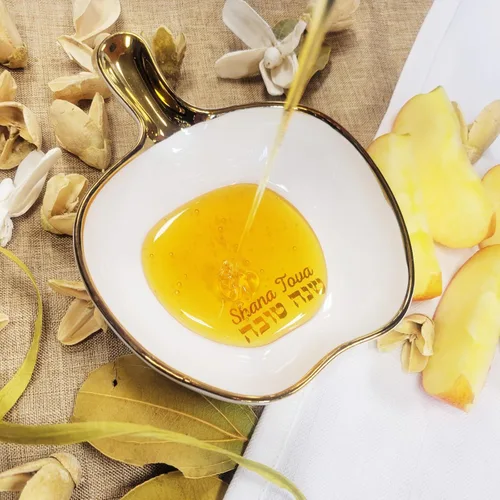 Vista 4 de Rosh Hashanah - Juego de platos de miel en forma de manzana dorados, regalos de fiesta de anfitriona judía de Año Nuevo, accesorios de cocina