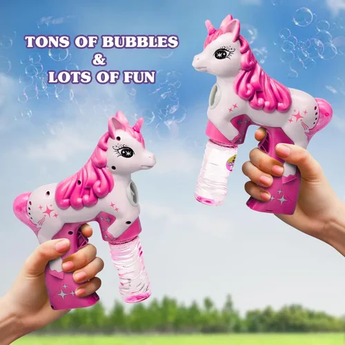 Vista 4 de Pistola de burbujas de unicornio rosa para niños, juguete soplador automático de burbujas Lindo lanzador de burbujas para niños pequeños, niños