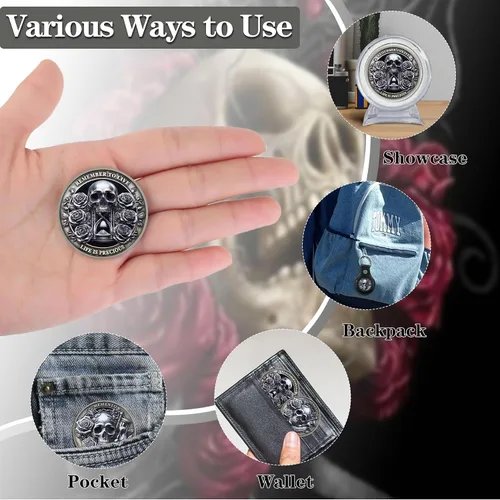 Vista 7 de Moneda Memento Mori Reloj de arena Cráneo Tiempo Mortalidad Moneda estoica Amor Fati Moneda Memento Vivere Carpe Cráneo Coleccionable Recuerdo