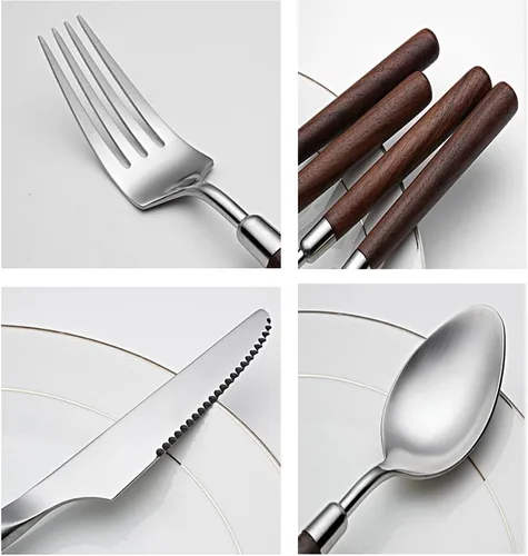 Vista 7 de Juego de cubiertos para 4, 16 piezas de cubiertos de acero inoxidable con mango de madera, incluye cuchillo para carne, tenedor y cuchara, juego