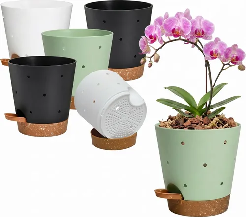 Vista 8 de 6 Inch Orchid Pot, 2 Pack Self Watering Plant Pots, Orchid Pots with Holes Blanco+Marrón