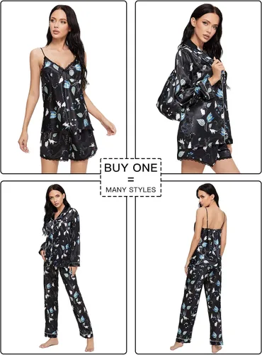 Vista 3 de Escalier Conjunto de 5 piezas de pijama de satén de seda para mujer, ropa de dormir