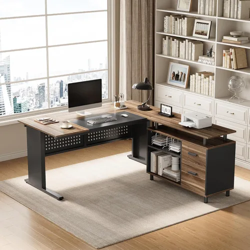 Vista 4 de LITTLE TREE Escritorio grande para computadora con archivador, escritorio ejecutivo en forma de L de 63 pulgadas con cajones y estantes