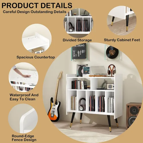 Vista 4 de White Record Player Stand with Vinyl Storage: Large Record Player Table Holds up to 200 Albums, Tall Turntables for Vinyl Records, Wood Turntable