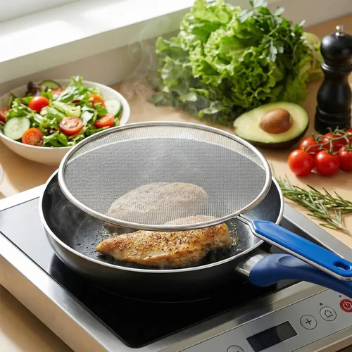 Vista 4 de Protector contra salpicaduras de grasa de 8.3 pulgadas para sartén, pantalla de grasa de acero inoxidable con mango de agarre, malla ultra fina que