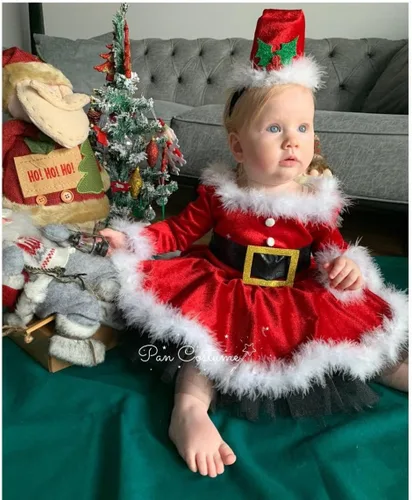 Vista 2 de WASAIGOOD Mameluco de Navidad para bebé niña, vestido de manga larga con ribete de piel, traje de terciopelo para Navidad, enterizo de invierno