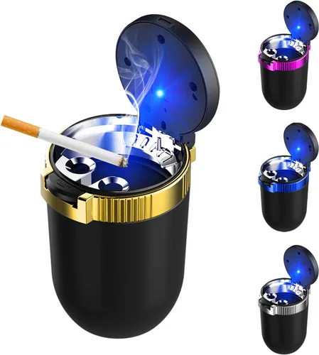Vista 13 de Ohleats Cenicero de coche con tapa, cenicero desmontable de acero inoxidable con luz LED azul, cenicero portátil mini para vehículo, portavasos