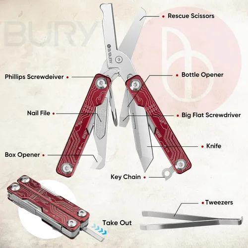 Vista 2 de BIBURY Mini Llavero Multiherramienta Tijeras BI2061R, 9 en 1 Multiherramienta EDC Tijeras con Destornillador, Abrebotellas, Cuchillo de Bolsillo