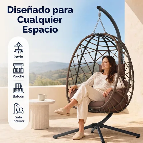 Vista 8 de SWITTE Silla colgante con soporte para exteriores, columpio de mimbre para Marrón