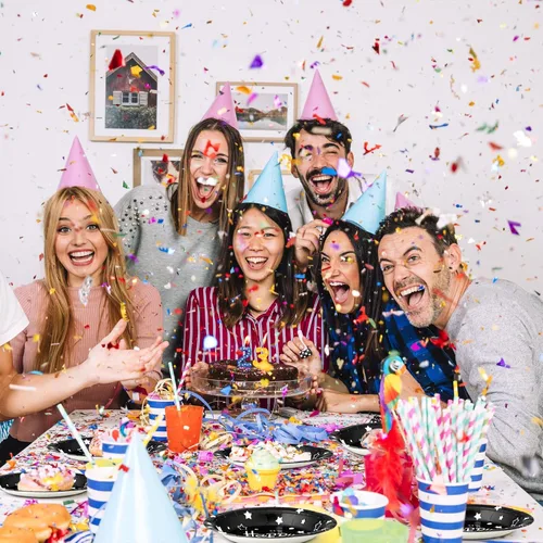 Vista 7 de Platos de papel de fiesta de feliz cumpleaños, platos de postre negros, 7 pulgadas, 50 unidades, lunares de aluminio para decoraciones de fiesta