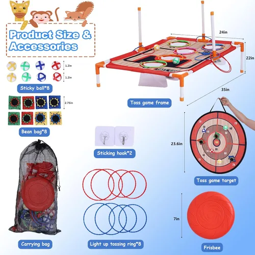 Vista 3 de Lanzamiento de Bolsas de Frijoles y Lanzamiento de Pelotas y Lanzamiento de Aros, Juguetes de Exterior 5 en 1 para Niños, Juegos Familiares